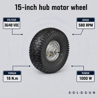 Moteur de moyeu électrique sans balais tout-terrain GOLDGUN 15 pouces 36V 48V 1000W 580 tr/min 16 Nm à couple élevé pour véhicules électriques légers