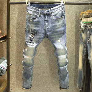 Jeans de mezclilla ajustados para hombre, estilo formal, desgastados, transpirables, impermeables, con detalles de botones, conjunto corto de algodón, azules, rasgados, estilo skinny. - Product Image 5