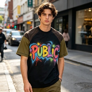 Street Styles Raglan Sleeve Hand-Painted Print Men's Short Sleeve T-<b>Shirt</b> Custom <b>Patchwork</b> O-Neck Stone Wash Color Blocking Tee - Product Image 3