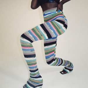 Pantalones de punto a rayas coloridos para mujer, <span class=keywords><strong>ropa</strong></span> de calle <span class=keywords><strong>Hippie</strong></span>, Sexy, Extra largos, otoño 2023 - Product Image 1