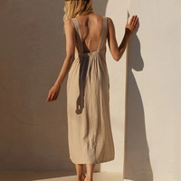 Robe d'été mi-longue en lin mélangé respirant, élégante, ample, confortable, à col en V et dos nu, sur mesure