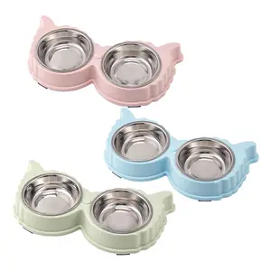 Venta caliente forma de oveja Anti derrame doble plástico Pet Bowl Cat Food Bowl criado Cat Feeding Dog Bowl acero inoxidable