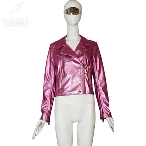 YuFan OEM 핑크 PU 가죽 여성용 긴 소매 짧은 아웃웨어 지퍼와 V-넥 재킷