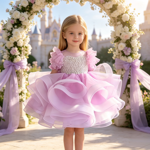 Abito da bambina all'ingrosso con maniche a volant, cintura con paillettes, palline 3D, volant sferici, abito da damigella d'onore, abito da principessa per bambine - Product Image 6