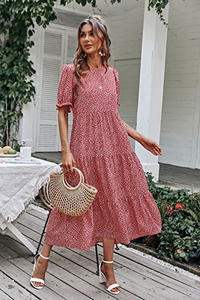 ملابس أوروبية للنساء الصيف فستان بوهيمي غير رسمي جديد طباعة الأزهار بيبلوم فقاعة الأكمام ارتفاع الخصر منتصف طول فستان الشاطئ - Product Image 2