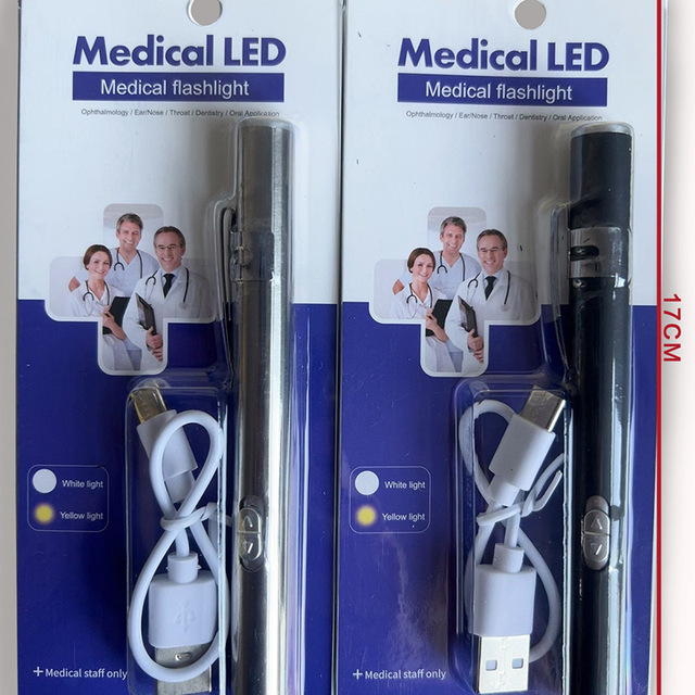 Rechargeable USB Type-C Portable Stainless Steel Yellow White Dual Light Source Medical Pen Light Pupil Oral Flashlight