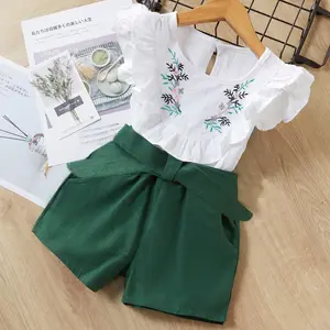 Children's clothing summer short sleeve embroidery belt shorts kids two pieces daily wear casual toddler girls clothing sets