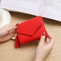 Dompet Kulit Minimalis Kecil Pendek Murah Mini Lucu Tipis untuk Wanita Perempuan Gadis Dompet Stylish Tipis dengan Rumbai De Mujer 2021