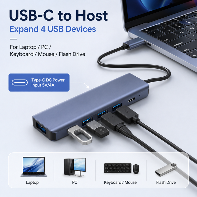 5-in-1 USB-C Hub 4xUSB-A 3.0 (5Gbps) 4 Independent Power Switches Type-C DC 5V/4A Certified Aluminum Case for Laptop