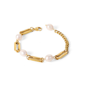 Bracelet de perles pour femme, plaqué or 18 carats, chaîne géométrique, perle blanche, à porter au quotidien - Product Image 5