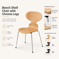 Chaise de style Ant, coque en contreplaqué de hêtre, structure en acier chromé, chaise empilable pour restaurant