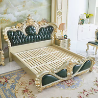 Cadre de lit Queen Size de style européen rétro, cadre de lit traditionnel de luxe en bois massif de style européen rétro pour la chambre à coucher