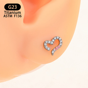 <b>Titanium</b> Heart Shaped Earrings 6.8mm With Zircon Inlay For Ear Cartilage <b>Studs</b> - Product Image 4
