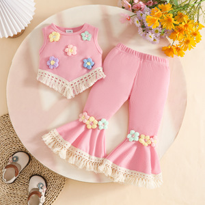 Ensemble d'été 2026 pour filles : <span class=keywords><strong>Gilet</strong></span> <span class=keywords><strong>sans</strong></span> manches en tricot gaufré <span class=keywords><strong>au</strong></span> <span class=keywords><strong>crochet</strong></span> avec fleurs 3D et pantalon évasé à pompons, vêtements pour filles de 0 à 3 ans - Product Image 4