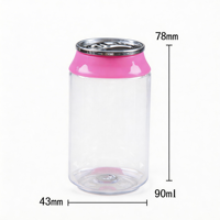 En stock: Envase de plástico transparente reciclado posconsumo para caramelos en mini latas de refresco, con etiquetas.