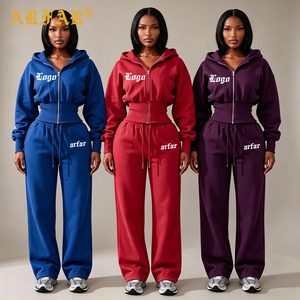 Ensemble de survêtement deux pièces personnalisé pour <span class=keywords><strong>femme</strong></span> en mélange de coton épais, avec sweat à capuche zippé à taille cintrée et pantalon large - Product Image 3
