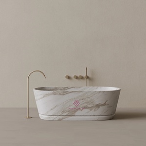 <span class=keywords><strong>Baignoire</strong></span> en pierre ovale blanche Calacatta fabriquée à la main avec détail linéaire sculpté pour salles de bain contemporaines et d'inspiration spa - Product Image 4