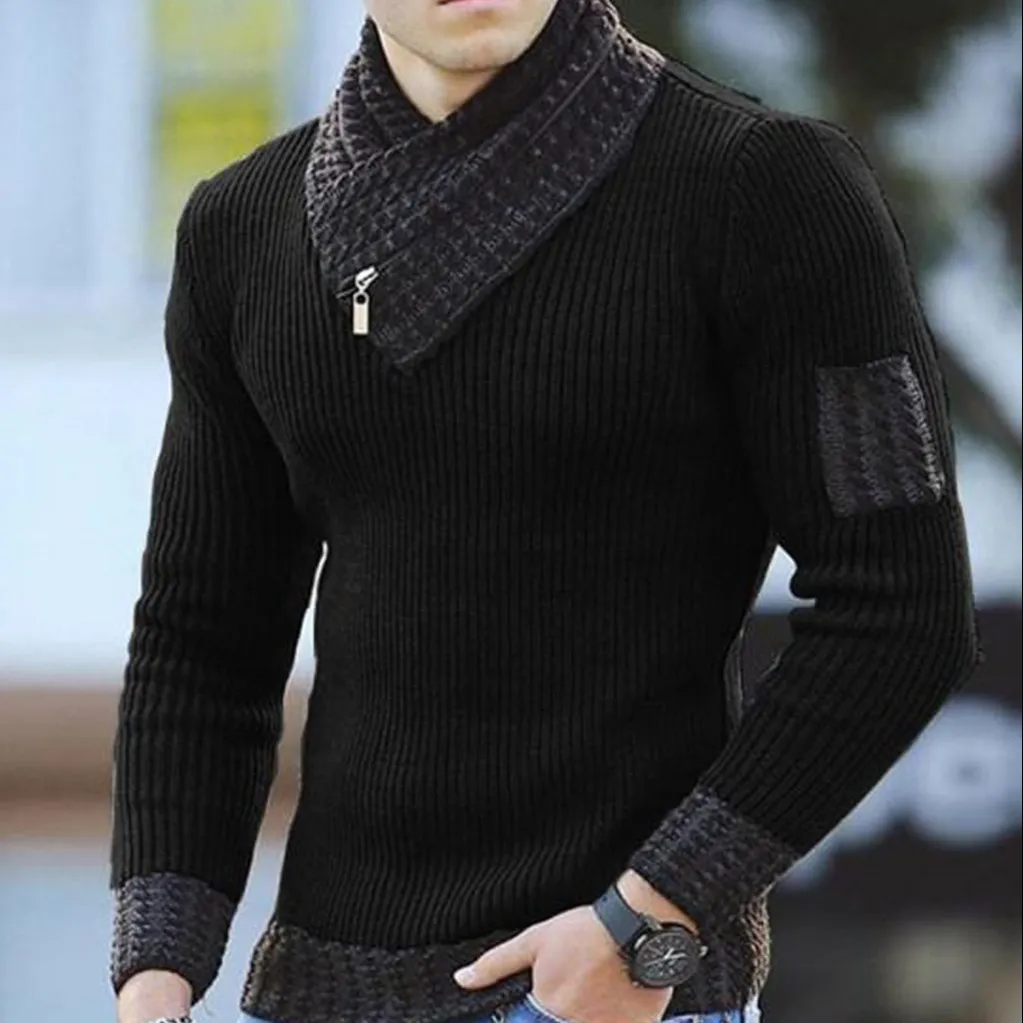 Pullover Syal Lengan Panjang Pria, Pakaian Sweter Leher Santai Ramping Eropa dan Amerika Baru