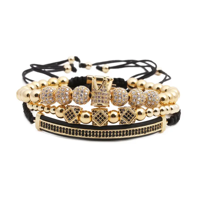 Conjunto de pulseira masculina, venda quente de joias para homens com 3, pçs/set, coroa de ouro, 8mm, cz, bolas, zircônia, coroa, macrame, pulseira