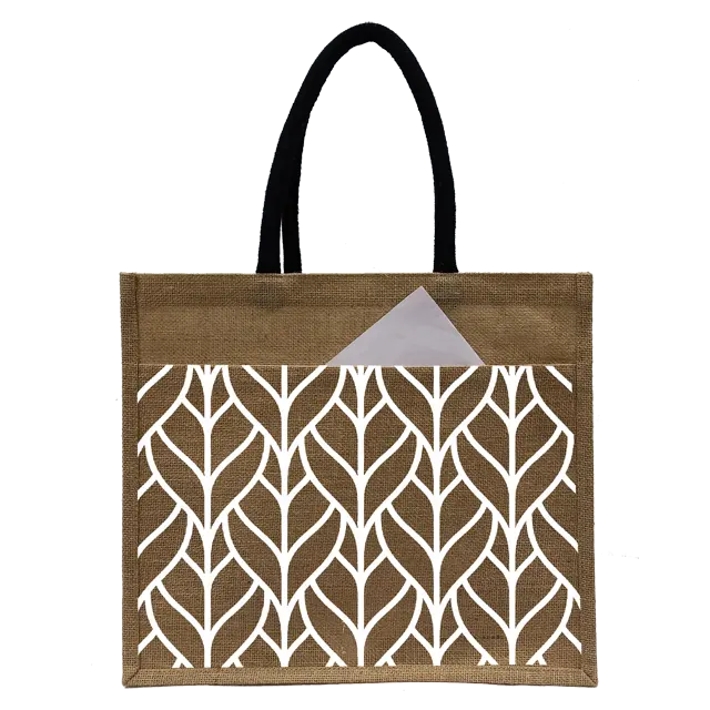 Eco Friendly Customized Logo Exterior Pocket Burlap Jute Shopping Beach Tote Bags with Webbing Tape Handle