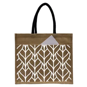 Экологичный индивидуальный логотип, наружный карман из джутовой мешковины, пляжная сумка-тоут с ручкой из тесьмы