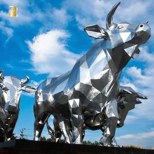 Scultura di <span class=keywords><strong>Mucca</strong></span> in Acciaio Inossidabile con Design Personalizzato a Specchio Geometrico RELONG, Sculture di Animali Rurali per Esterni - Product Image 1