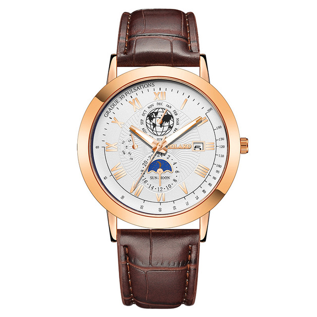 Fenyi Wholesale New Hot Sale Luxury Fashion Decoration Three-eye Moon Earth Calendar Watch Leather Strap Quartz Watch Men