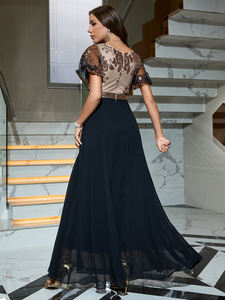 Contraste lentejuelas Puff manga Patchwork gasa vestido Formal elegante cuello en V baile Maxi A-Lined vestidos de noche para fiesta de graduación - Product Image 3