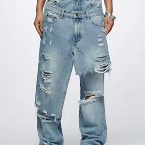 Jean baggy déchiré nouvelle conception en coton 100% style vintage streetwear, coupe oversize délavée à l'acide, double taille, taille basse – Grande Vente - Product Image 4