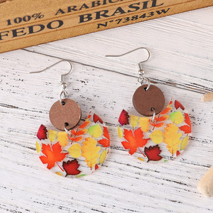 Pendientes acrílicos Acción de Gracias Naranja Rojo Amarillo Hoja de arce Circular Media Luna Patchwork Pendientes colgantes para mujeres Uionen 809 - Product Image 4