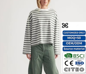 Custom Heavyweight <b>Stripes</b> <b>Long</b> <b>Sleeve</b> <b>T</b>-<b>shirts</b> Crew Neck Drop Shoulder Wholesale <b>Stripe</b> Tshirt OEM - Product Image 1
