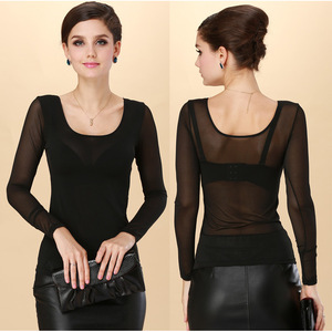 Camiseta de manga larga de malla transparente para mujer, negra, ajustada, elástica, de color liso - Product Image 1