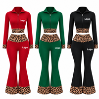 Ensemble de survêtement moulant Y2K pour femme, veste courte zippée à col montant imprimé léopard personnalisé et pantalon évasé, tenue de yoga 2 pièces pour femme, idéal pour Noël