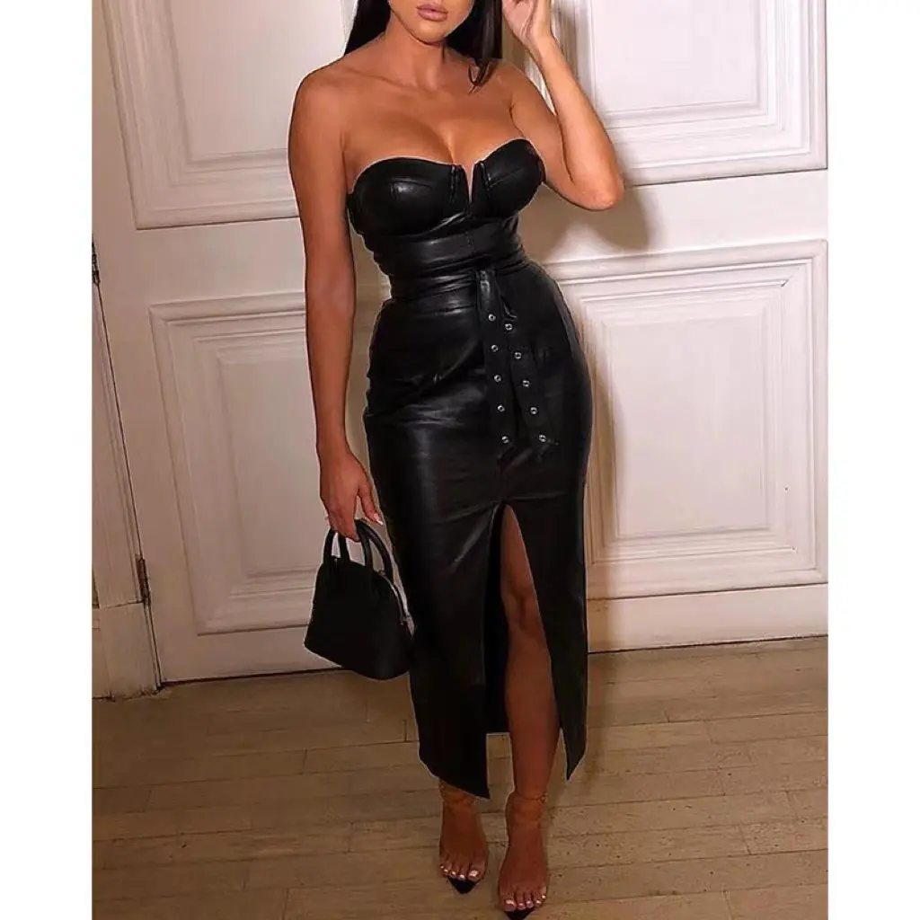 Hot Sale Strapless Black PU Leather Maxi Dress Sexy Backless Tight Evening Dress Outfits Sexy Bodycon PU Leather Club Dresses