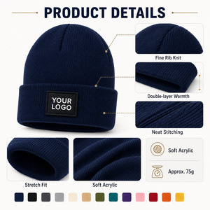 Custom Logo Knitted <b>Beanie</b> <b>Hat</b> 26 Colors Soft Acrylic Winter Warm Skull Cap Wholesale Promotional Blank Cuffed <b>Beanie</b> Navy - Product Image 4