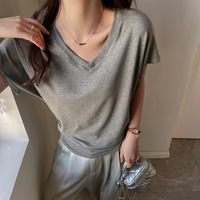 T-shirt femme gris style coréen printemps/été, col en V, manches chauve-souris, épaules droites, manches courtes, viscose, élasthanne, modal