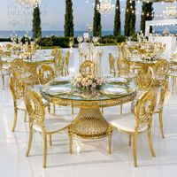 Table de salle à manger rectangulaire en acier inoxydable plaqué or de qualité supérieure avec plateau en verre transparent pour événements extérieurs, mariages, traiteur et location