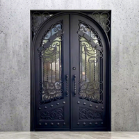 Porte d'entrée double en fer forgé cintrée de luxe sur mesure avec vitrage et sécurité en acier pour villa
