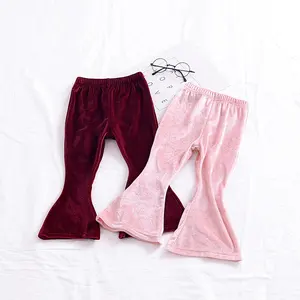 Kinder Hosen Mädchen Solid Spring Autumn Velvet Bell Bottoms Lange Baumwolle Mode Sunny Printed Elastic Ribbon FLARE Pants Support