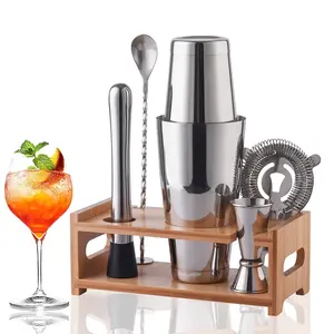 Creation Factory Direct Kit Bartender Barware Tools Set 800ml Acier Inoxydable Boston Shakers Cocktail Bar avec Support en Bois de Bambou