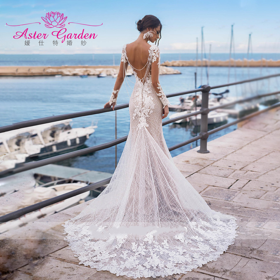 navy blue dress for baby girl Elegant V Neck Mermaid Wedding Dresses Appliques Backless Buttons Bridal  Gowns main image 0