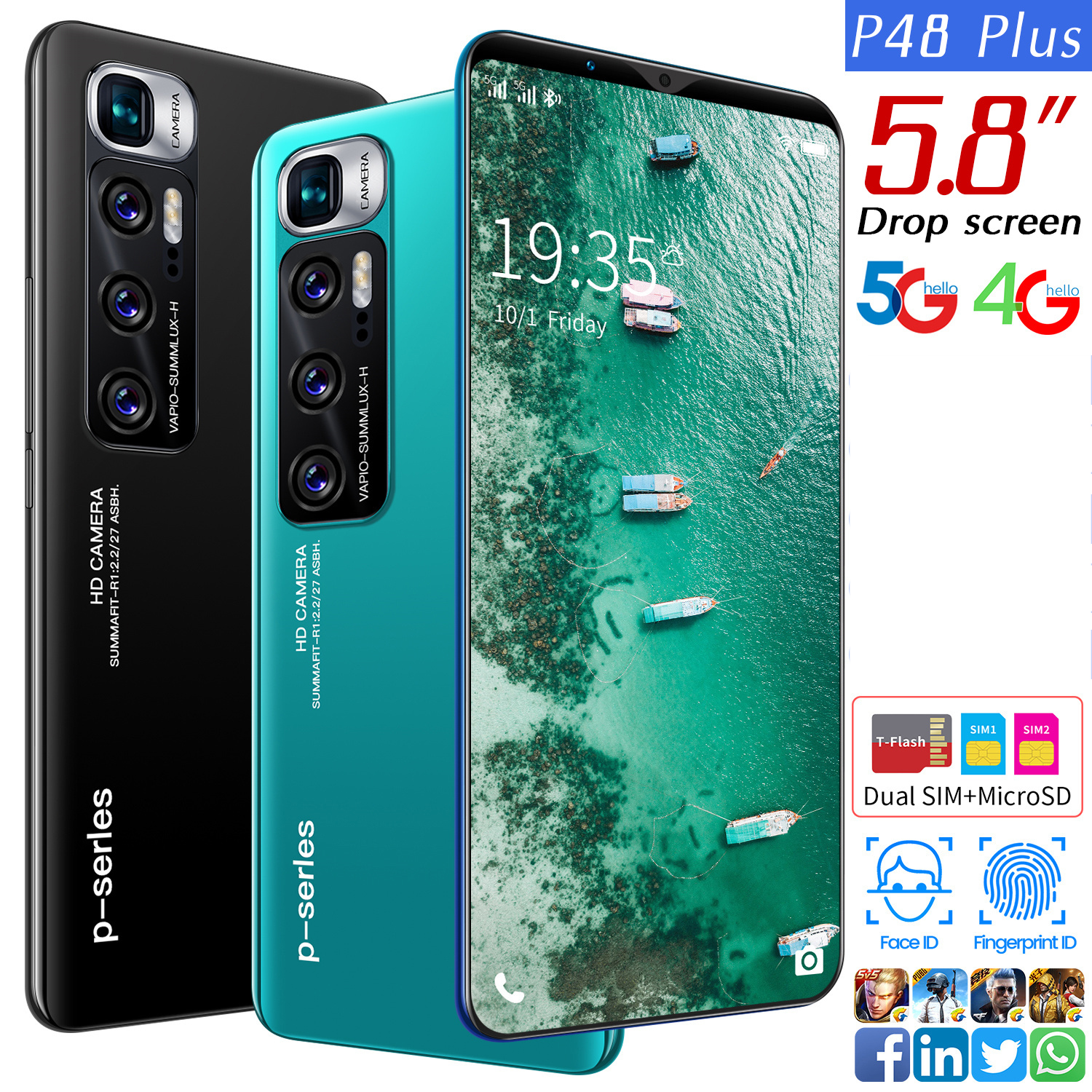 Смартфон P48 plus с двойной картой, двойной режим ожидания, 5g, большой экран 5,8 дюйма, HD разблокировка по лицу, трендовый дешевый смартфон, Android 10,0