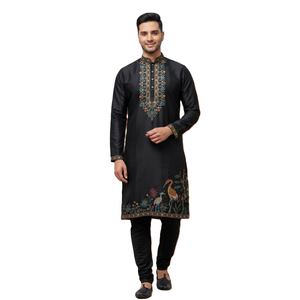 <b>Men's</b> Black Embroidered <b>Kurta</b> With Bird Floral Design Traditional Indian Pakistani Wedding Wear Regular Fit Ankle-Length Silk - Product Image 1