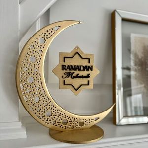 Décoration de table islamique en bois en forme de croissant de lune pour le Ramadan et l'Aïd - Product Image 2