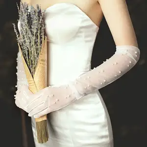 Handmade pearl Transparent Tulle Party Etiquette Gloves Party Wedding Dresses Leak Shoulder Decorative Bridal Long Gloves