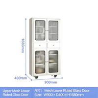 Armoire de rangement de cuisine autoportante blanche, haute et moderne, avec portes supérieures en maille et bas en acier inoxydable