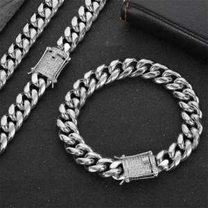 HipHop Hot Selling Gold Plated Cuban Chain Bracelet Zircon Clasp Stainless Steel Cuban Chain <b>Necklace</b> <b>for</b> <b>Men</b> - Product Image 6