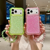 Coque de téléphone 3-en-1 en TPU+PC avec paillettes époxy et sequins pour iPhone 13 14 15 16 17 18 Pro Max, avec bracelet de poignet et cordon de suspension, antichoc