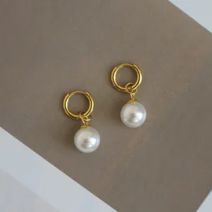 Minimalist Stainless Steel Hoop Earrings For Girls Fashion 18K Gold Plated Freshwater Pearl Dangle Drop Earrings Bridesmaid Gift