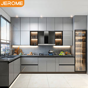 Gabinete de armario de madera brillante moderno de diseño personalizado gratuito, juego de gabinetes de cocina <span class=keywords><strong>con</strong></span> <span class=keywords><strong>placa</strong></span> de cristal acrílico de alto brillo gris - Product Image 2